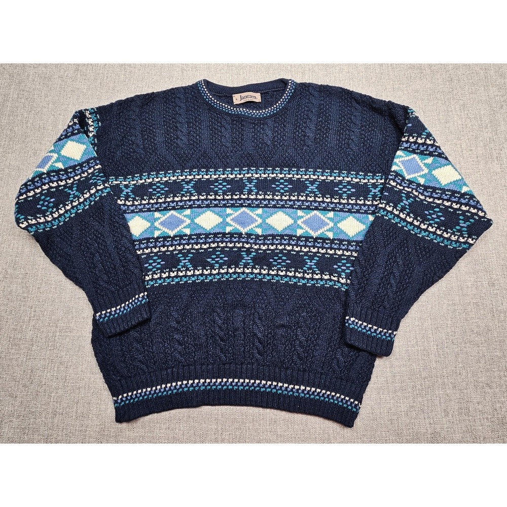 Vintage Jantzen Sweater Mens XL Blue Fair Isle Geometric Knit Made USA 80s
